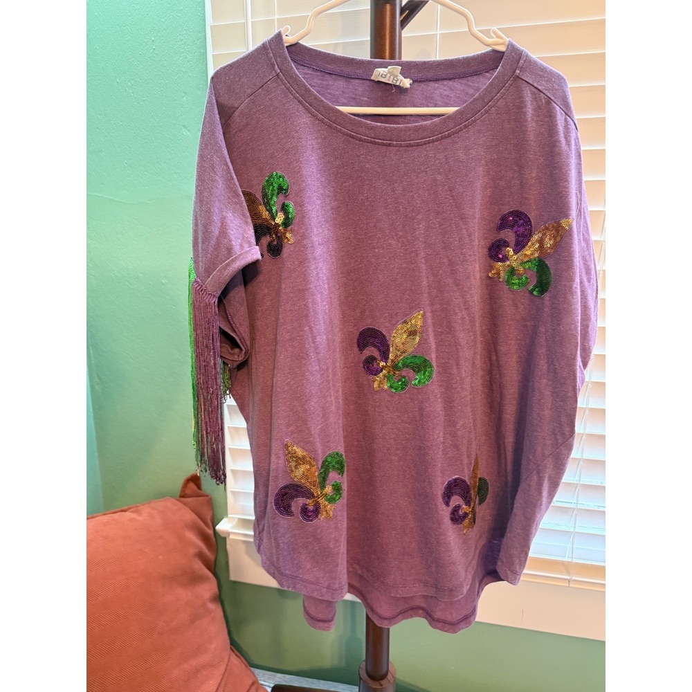 Purple Mardi Gras Shirt Top Sequin Fleur De Lis Parade Sz Large